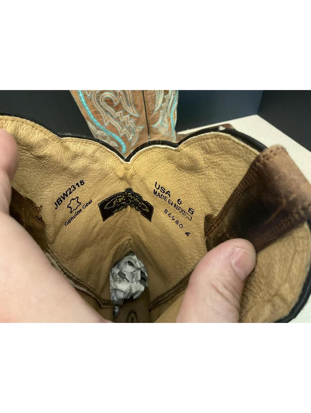 Womens JB Dillon Brown Leather Cowboy Boots W/ Turquoise Embroidery. Size 6B. - Picture 4 of 11